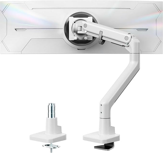monTEK Heavy-Duty Monitor Arm for 17-57" Ultrawide Curved Screen, Supports up to 59.4 lbs, Adjustable Gas Spring Arm, 75/100 VESA Mount, Clamp & Grommet Desk Monitor Mount Single, White