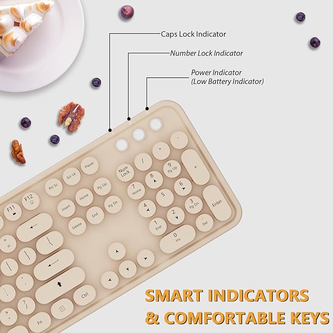 Wireless Keyboard and Mouse Combo, Cute Colorful 104 Keys Typewriter Retro Round Keycaps Keyboard for PC Laptop,Desktop,Windows, Home and Office Keyboards Coffee