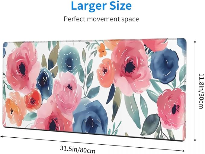 Desk Pad,Office Desk Mat 31.5"×11.8" Large Gaming Mouse Pad,Durable Extended Computer Mouse Pad,Waterproof Thick Big Mouse Pads with Non-Slip Rubber Base Office Home Watercolor Floral