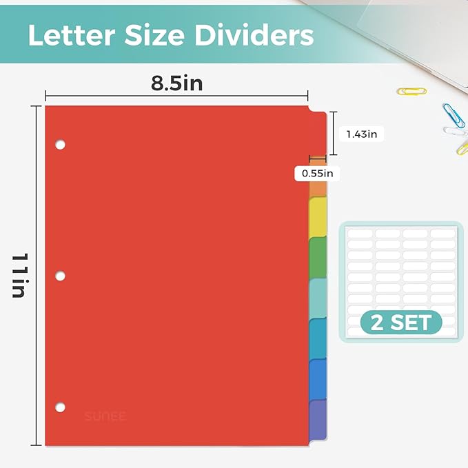 SUNEE 8 Tab Binder Dividers,Plastic Dividers for 3 Ring Binder,3 Ring Binder Dividers with Tabs for School Office Home Supplies,Bright Color, 2 Set