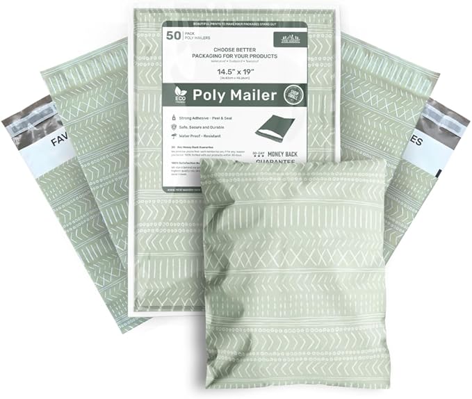 Poly Mailers 14.5x19 Inch 50 Pack Extra-Large Shipping Bags | Strong Thick Mailing Envelopes | Self- Adhesive | Waterproof & Tear Proof | Small Business Packaging for Clothing - Boho Sage Green