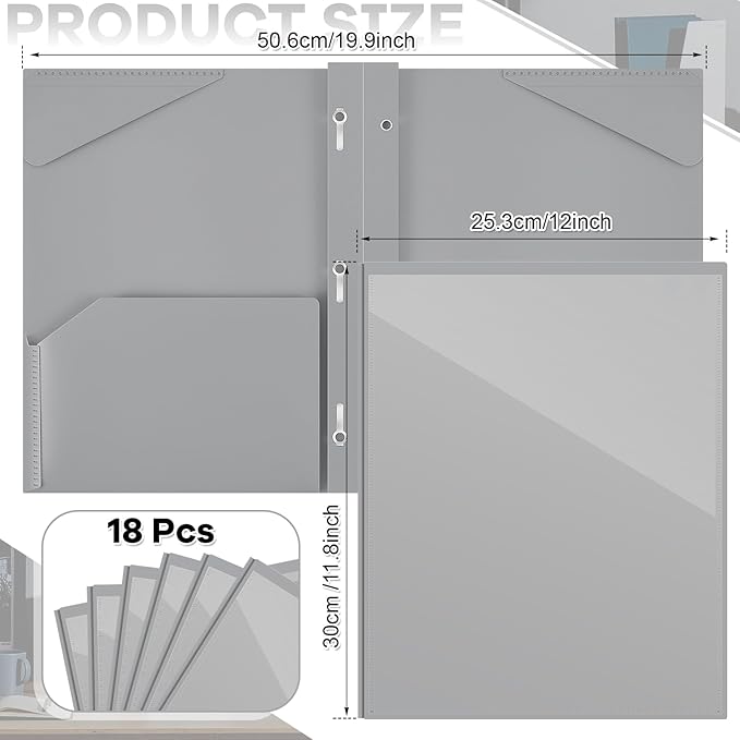 Henoyso 18 Pcs Plastic Folder with Clear Front Pocket and 3 Prong Plastic Folders with Card Slot Pocket Folders with Prongs for School Office (Gray)