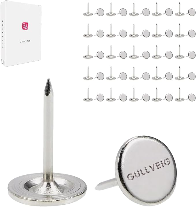 Gullveig Silver Push Pins and Thumb Tacks: Heavy Duty Flat Upholstery, Long Carpet Tacks, and Decorative Nails for Wood and Fabric, 50 Count