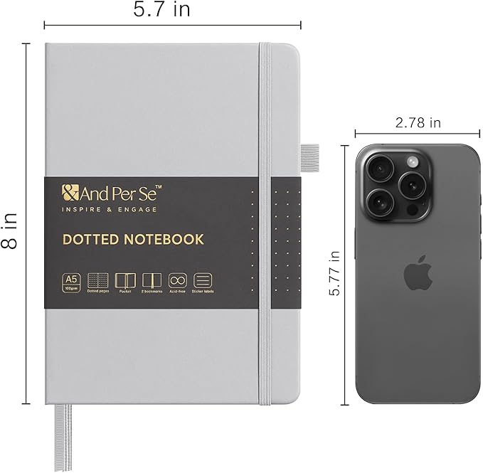 &And Per Se Dotted Journal Notebook, A5 Hardcover Leather Bullet Dotted Journal, 160 Pages 100 gsm Thick Paper, 3 Sheets of Stickers Included- 5.7'' x 8'' (Grey)