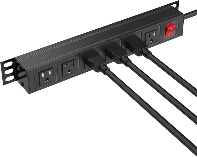 BTU 6 Outlet Power Strip, Metal Mountable Power Strip Surge Protector, Heavy Duty Wall Mount Power Outlet for Commercial, Industrial, Workshop, 6FT Power Cord, 15A/125V 1875W (Black 6FT)