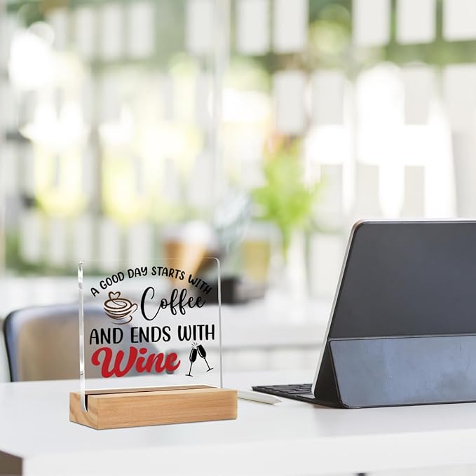 Coffee Bar Decor Wine Decor Acrylic Sign with Wood Stand, Coffee Lover Gifts Coffee Decor Coffee Shop Wine Bar Desk Cubicle Coffee Table Decor, Wine Gifts Coffee Gifts for Coffee Lovers Coffee Sign