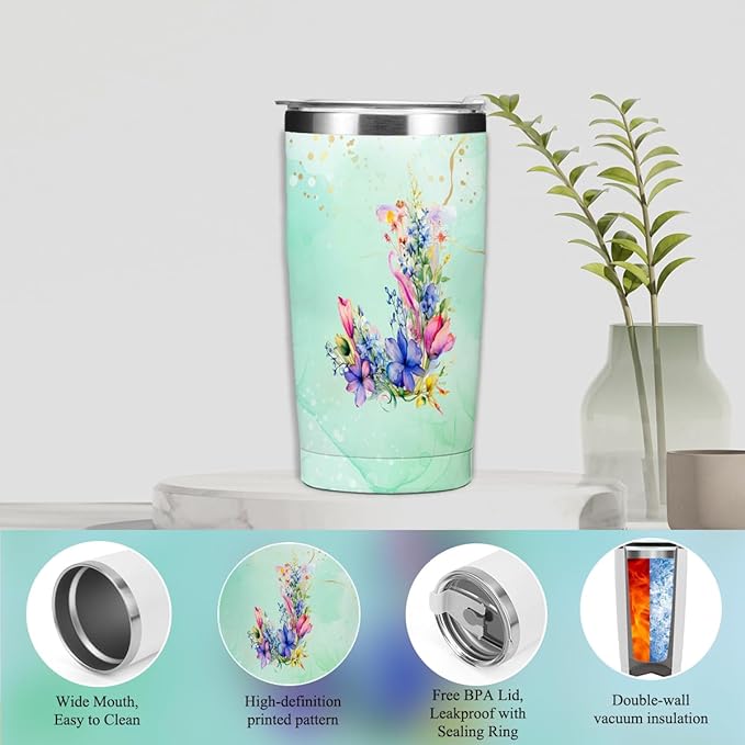 Personalized Gifts Monogrammed Birthday Gifts for Women, Maid of Honor Bachelorette Wedding Christmas Initial 20 oz Tumbler, Makeup Bag Cup Pens Journal Notebook 6 Set, (Aesthetic Green Flower J)