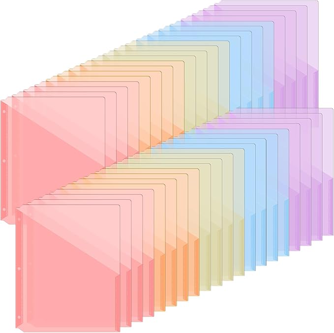 Maitys 50 Pack Binder Pockets 3 Hole Punch Clear Plastic Document Folders Binder Organizer Store Letter Size 8.5x11 Inch Paper Folders with Pockets Slash File Jacket for Office (Pastel Colors)