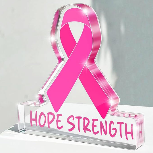 Pink Ribbon Breast Cancer Awareness Sign - 4x4 Inch "HOPE STRENGTH" Acrylic Desk Decor, Survivor Support Gift for Chemo Rooms, Offices, and Healing Spaces