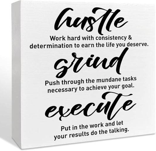 Inspirational Wooden Box Sign, Hustle Grind Execute, Inspirational Home Office Desk Decor, Motivational School Classroom Decoration, Positive Gifts for Women Men Coworkers Student 5 inches*5 inches