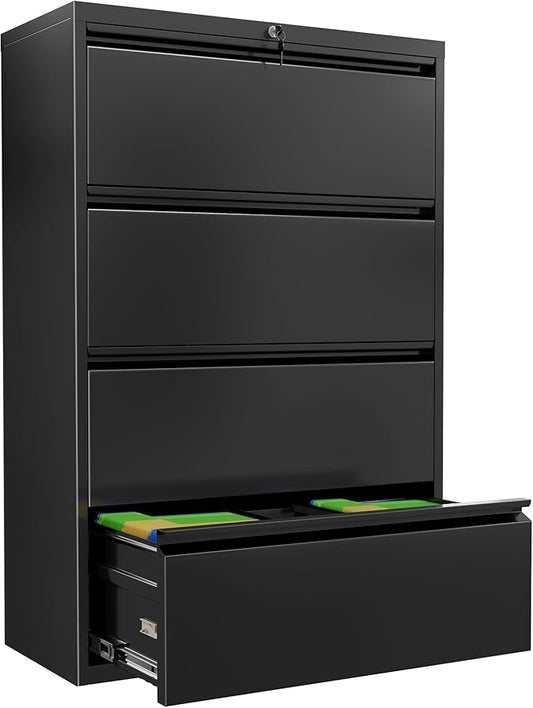 INTERGREAT 4 Drawer File Cabinet, Lateral File Cabinet with Lock, Metal Office Filing Cabinet with Adjustable Frame for Legal, Letter, A4 Files, Fast Assembeld, Black