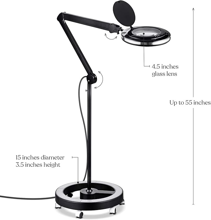 Brightech Lightview Pro Magnifying Glass with Stand & Light, Magnifying Floor Lamp with 6-Wheel Rolling Base for Facials & Lashes – Dimmable LED Work Light for Crafts, Sewing, and Projects - 3 Diopter