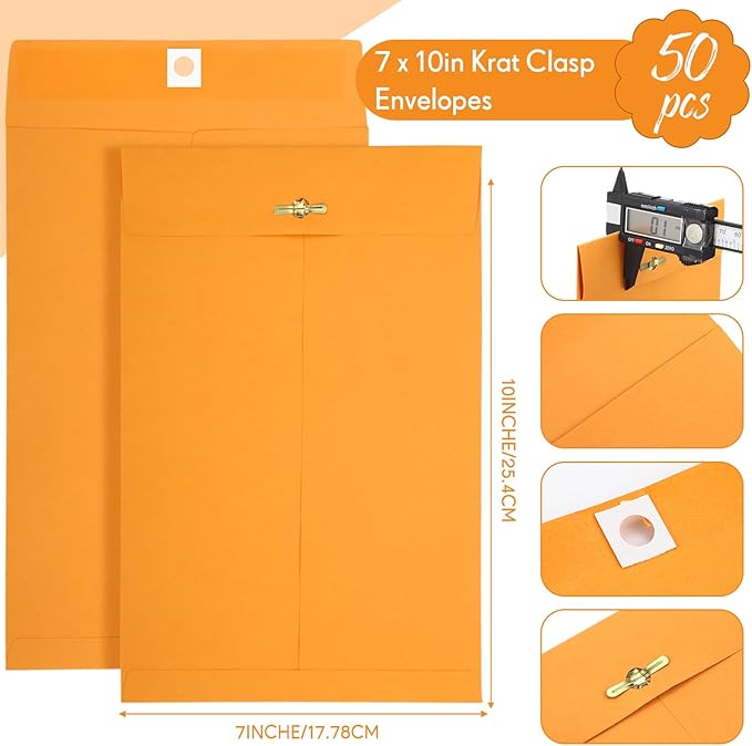 Teling 50 Pcs Manilla Envelopes Clasp Kraft Catalog with Closure for Storing Mailing 28 lb Kraft Envelope Paper for Office Document School Business Home(Yellow,7 * 10)
