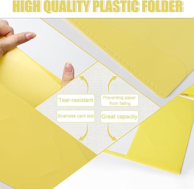 Pastel Plastic File Folders with Pockets and Prongs, 7 Pack, A4 Letter Size, Heavy Duty Waterproof Office Folders with Clear Front Cover for School, Home, and Office (Yellow)