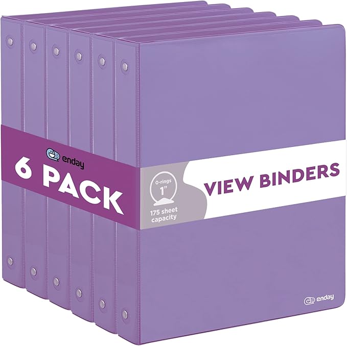 3 Ring Binder Purple, 1 Inch, 1” Clear View Cover with 2 Inside Pockets Round Ring Binder, Colored School Supplies Binders, Also Available in Pink, Blue, Grey, Green, and Red (6 PC) – by Enday