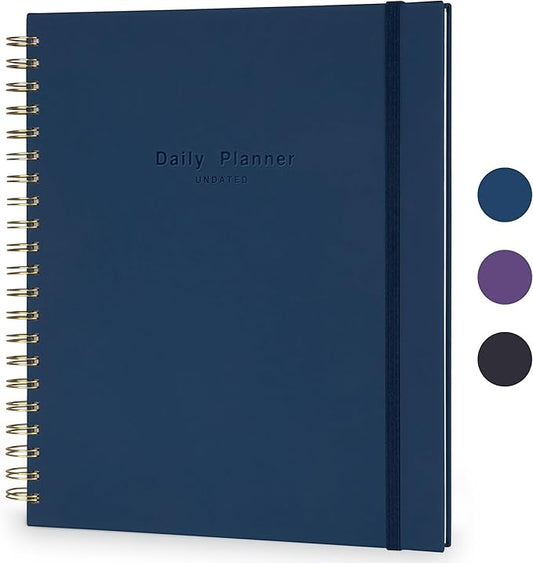 Undated Daily Planner To Do List Hourly Schedule 2027 2026 2025 Calendar & Holiday Habit Tracker 180 Pages Letter Size 8.5" x 11" Sheets Hardcover Spiral Bound Notebook (Navy Blue)