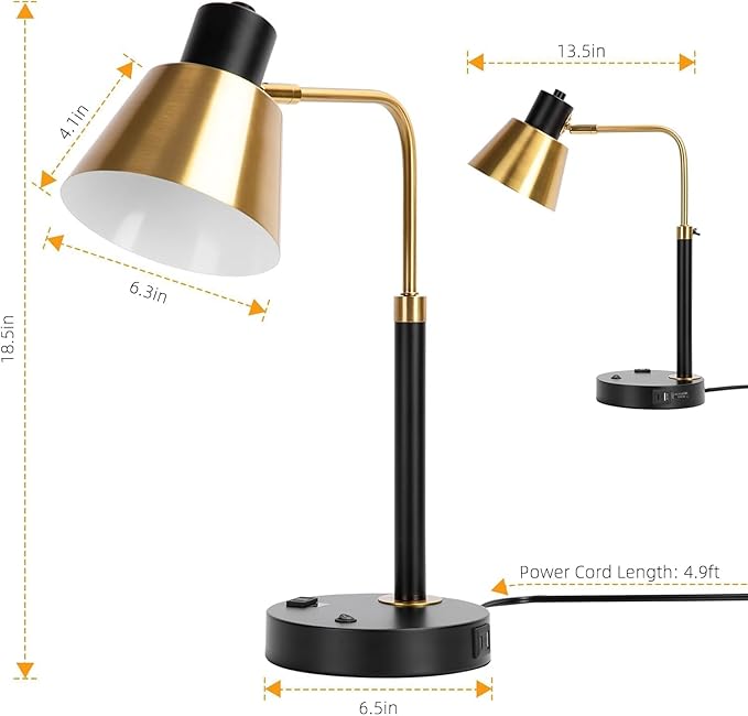 Desk Lamp with Dual USB Charging Port, Heavy Duty Metal Task Light, 340 Degree Swivel Arms, Easy Assembly with Cord Guide, Reading Lamp for Home Office, Black & Gold (Bulb Not Included)