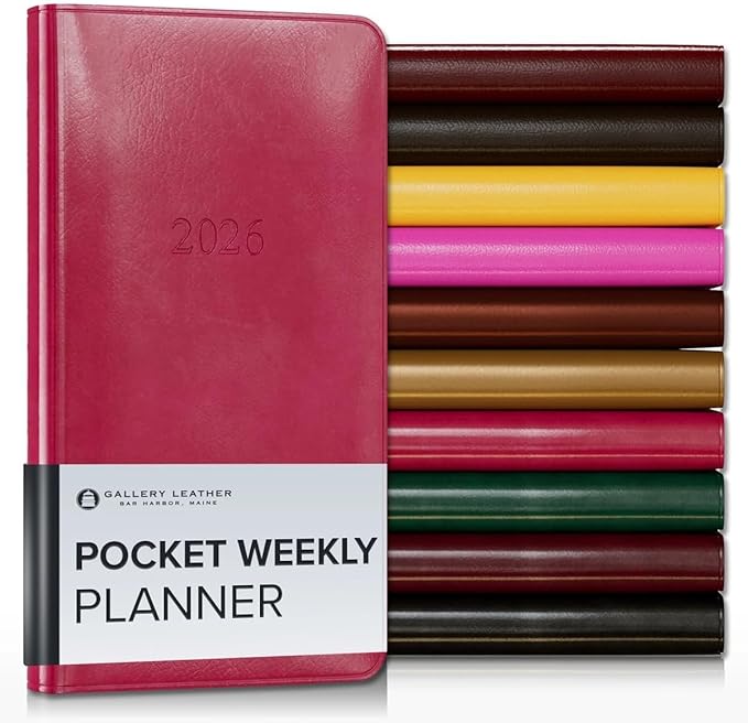 Gallery Leather Pocket Weekly Monthly Planner 2025-2026, Elegantly Bound Calendar Planner and Notebook with Stylish Gold-Gilded Page Edges, 12 Months - Acadia Wild Rose - 6 x 3.25 "
