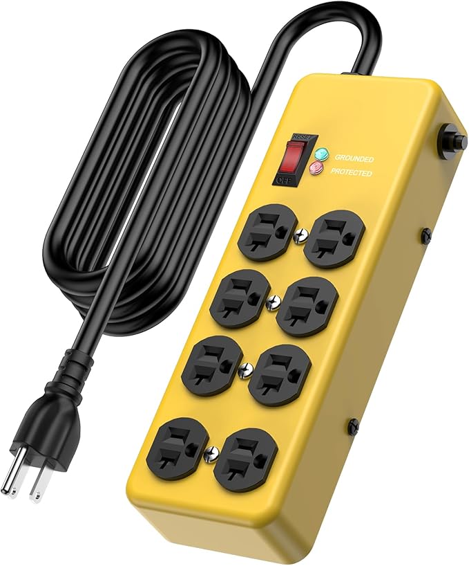 HEZI 20A Power Strip Surge Protector Durable Metal 8-Outlet with Heavy Duty 20 Amp Extension Cord, 12 Gauge for Garage,Workshop & Industrial Use with 6-20R T-Slot Outlets,4800J(Yellow,10FT)