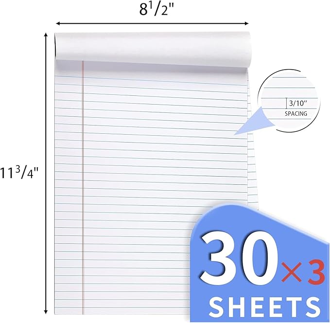 3 Pack Legal Pads Refills Note Pads, Writing Pads 8.5 x 11 Inches, Memo Pads Lined Writing Note Pads, Letter Size Legal Pad Wide Ruled Lined Pads Legal Rule for School Office（30 Sheet per Pads）