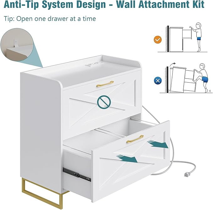 Lateral File Cabinet 2 Drawer File Cabinet with Charging Station for Legal/Letter/A4 Size Hanging Files, Modern Farmhouse Large Wood File Storage Cabinet for Home Office Furniture(White and Gold)