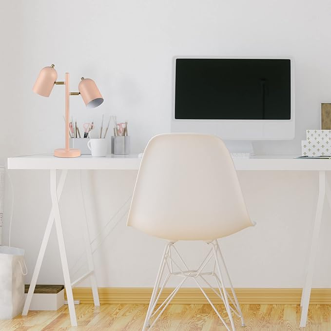 GLOBE Electric 30290 19" 2-Light Desk Lamp, Matte Pink, Brass Accents, 2.1A USB Port, On/Off Rotary Switch on Each Shade, Reading Light, Dorm Room Essentials, Lamps for Living-Room, Office Décor