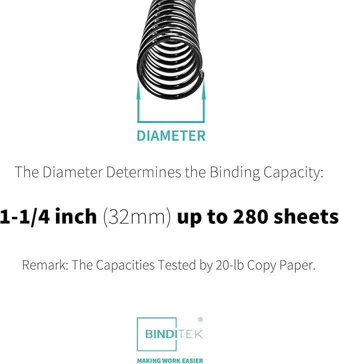 Binditek 50 Pack Plastic Spiral Binding Coils, 32mm (1-1/4"), 280 Sheet Capacity, 4:1 Pitch, Black, 48 Loops, for Letter Size, for Students and Coworkers