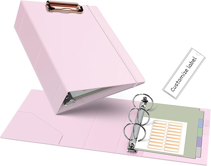 Ospelelf Mini 3 Ring Binder 5.5" x 8.5", 2 Inch Clipboard Binder with Dividers, Professional Leather Binders Organizer for Office, School, Pink