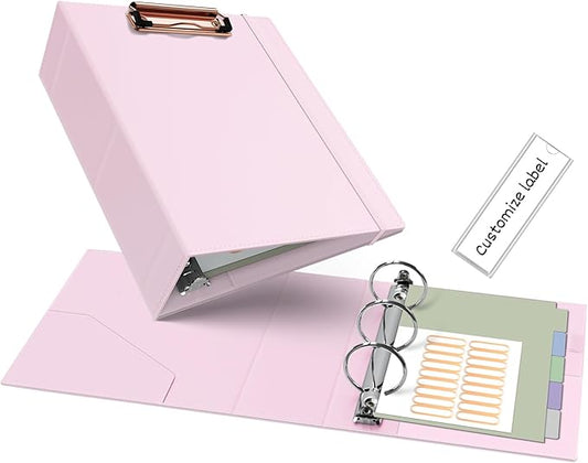 Ospelelf Mini 3 Ring Binder 5.5" x 8.5", 2 Inch Clipboard Binder with Dividers, Professional Leather Binders Organizer for Office, School, Pink