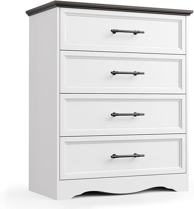 White Farmhouse Dresser for Bedroom, 36" Tall 4 Drawer Chest with Sleek Brushed Metal Handles, Modern Wood Storage Cabinet with Unique Base Design, Closet Organizer for Bedroom, Living Room, Hallway