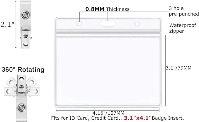 Clear Plastic Horizontal Name Tag Holder and Metal Badge Clip with Vinyl Straps Waterproof PVC ID Card Holders (100 Pack, Horizontal Large 3x4)