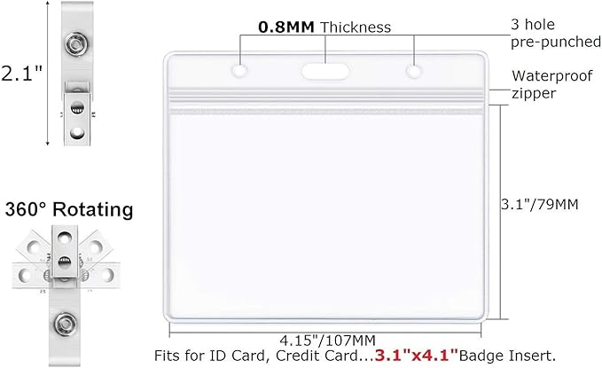 Clear Plastic Horizontal Name Tag Holders and Metal Badge Clips with Vinyl Straps Waterproof PVC ID Card Badge Holder 3x4 Inch(25 Pack, Horizontal Large 3x4)