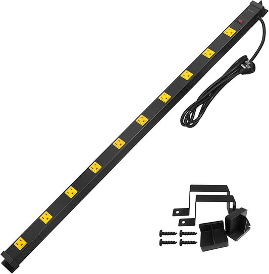 SURAIELEC 10 Outlet Long Power Strip Surge Protector, Industrial Heavy Duty Metal Shop Power Strip with Flat Plug, 1000 Joules, 15 AMP Breaker, 6FT Cord, Wall Mountable, for Work Bench, Shop, Garage