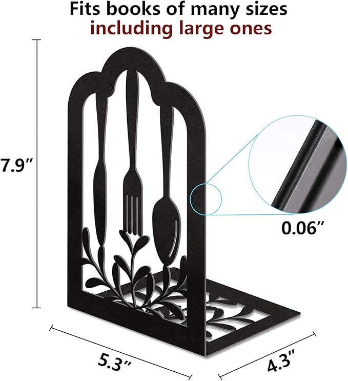 Book Ends,Metal Bookend,Bookend Decorative Heavy Book Ends for Shelves, Home Decorative Bookends for Heavy Books,Non-Skid Black Book Holder for Kitchen Housewarming Cooking Lover Gifts
