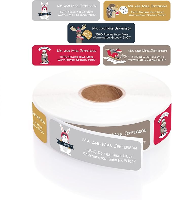 Woodland Holiday Animals Rolled Address Labels / 250 Personalized Return Address Labels/Designer Address Stickers in Elegant Plastic Dispenser