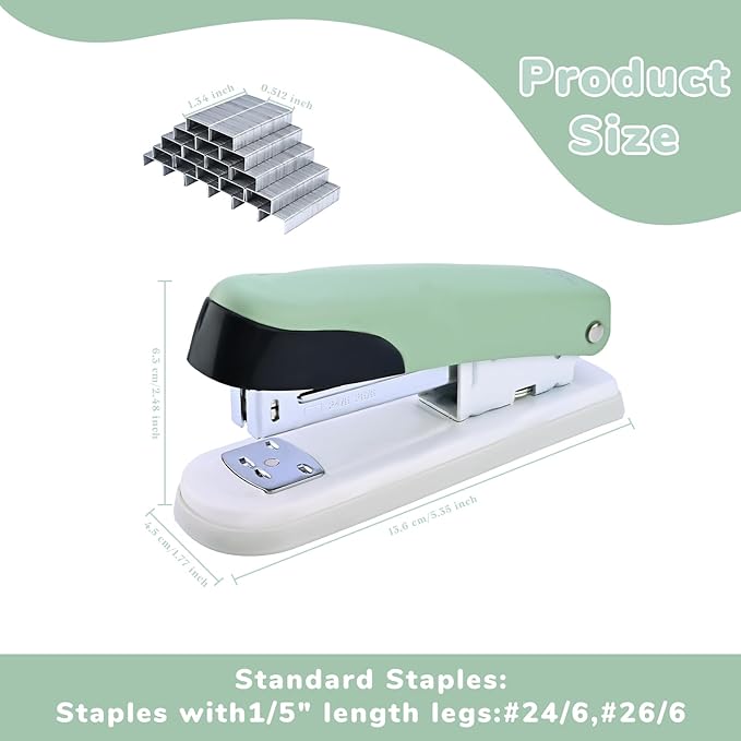 Temiary Stapler, Desktop Metal Staplers with 2000 Standard Staples, 25 Sheet Capacity, One Finger Stapling, Jam Free, No Effort Staplers for Classroom, Office or Desk (Green)