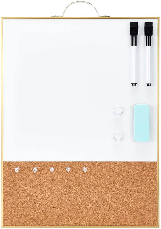 TSJ OFFICE Small Combination Board - 16" X 12" Portable Aluminum Gold Framed Magnetic Dry Erase Board for Wall, Small Bulletin Cork Board with Holder for Office, Home and School