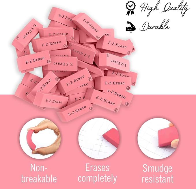Pink Erasers, 60 Count Rectangular Eraser Bulk Pack, Latex Free Pink Pearl Erasers for School Supplies, Art and Office