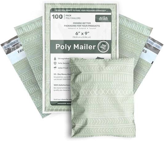 Poly Mailers 6x9 Inch 100 Pack Small Shipping Bags Strong Thick Mailing Envelopes | Self Sealing Adhesive | Waterproof & Tear Resistant | Small Business Packaging for Clothing - Boho Sage Green