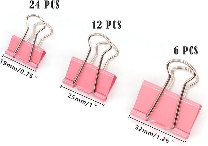 Pink Binder Clips Paper Clamps, Assorted Sizes Set (Small, Medium, Large) for Office School and Home Supplies