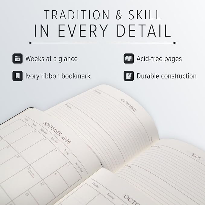 Gallery Leather Pocket Weekly Monthly Planner 2025-2026, Elegantly Bound Calendar Planner and Notebook with Stylish Gold-Gilded Page Edges, 12 Months - Monhegan Cocoa - 6 x 3.25 "