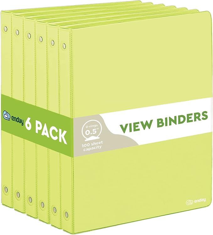 ½ Inch 3 Ring Binder Green, .5 Inch Round Ring Clear View Cover with 2 Inside Pockets Binders, Colored School Supplies Binders, Also Available in Pink, Red, Purple, Blue, and Grey (6 PC) – by Enday