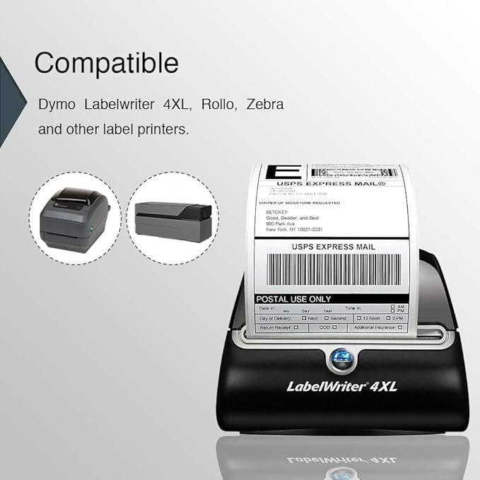 BETCKEY - Compatible DYMO 1744907 (4" x 6") Shipping Labels, Perforated, Compatible with DYMO Labelwriter 4XL Rollo & Zebra Desktop Printers, NOT Fit 5XL [2 Rolls/440 Labels]