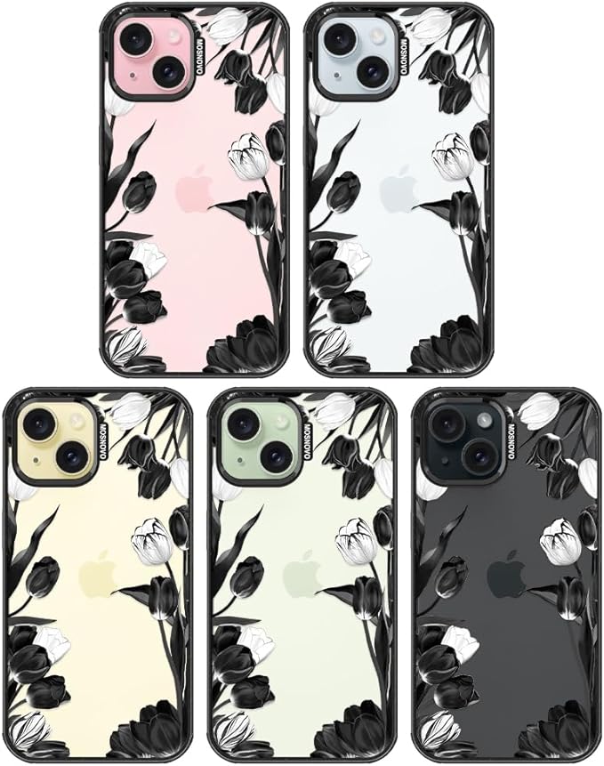 MOSNOVO Case for iPhone 15 Plus, [10ft 4X Military-Grade Drop Protection] Durable & Shockproof Phone Case Cover Design for iPhone 15 Plus / 14 Plus - Black White Tulips - Clear Black