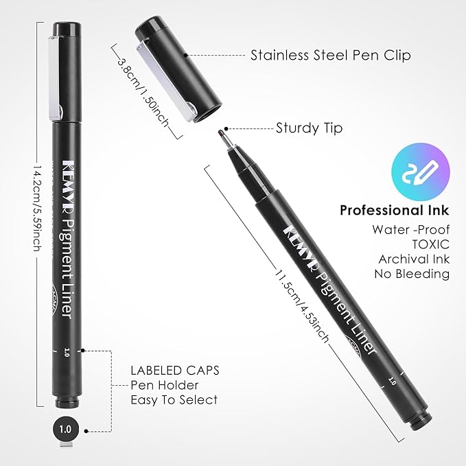 4 Micro Fine liner Drawing Art Pens Calligraphy Pens: 0.6mm Size Black Art supplies Waterproof Archival Black Ink Markers For Artists,Use for Professional Watercolor,Sketching