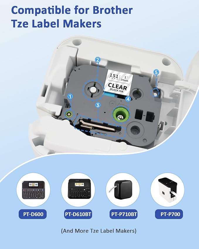 24mm 0.94 Laminated Clear TZe151 TZ Tape Conpatible for Brother TZe-151 P Touch Label TZe Tape 24mm 1 Inch Label Maker Tape for Brother PT-D610BT PT-D600 PT-P710BT PT-P700 PT- P910BT, 4-Pack