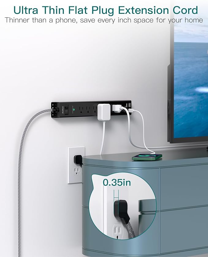 Short Extension Cord 2ft - Addtam Surge Protector Power Strip with 6 AC Outlets 4 USB (2 USB-C Ports), Flat Plug, 900J, Wall Mount, Outlet Extender for Home Office Dorm Room Essentials