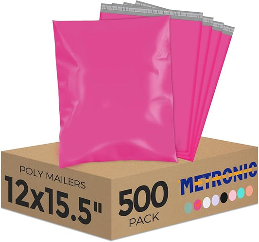 Metronic Poly Mailers 12x15.5 500 Pack Pink, Midium Size Shipping Bags Strong Adhesive Mailing Bags, Waterproof and Tear-Proof Shipping Envelopes for Clothing, Small Business, Postal Bags