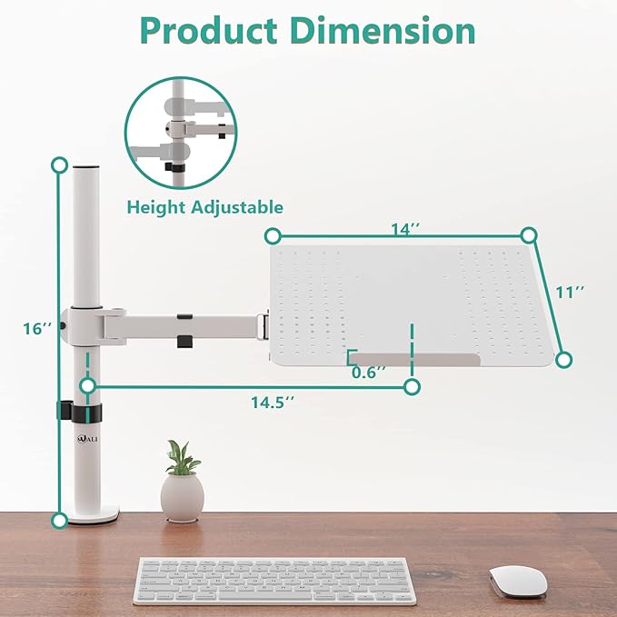 WALI Laptop Mount Arm for Desk, Laptop Tray, Fully Adjustable, up to 17 inch, 22lbs, with Vented Cooling Platform Stand (M00LP-W), White