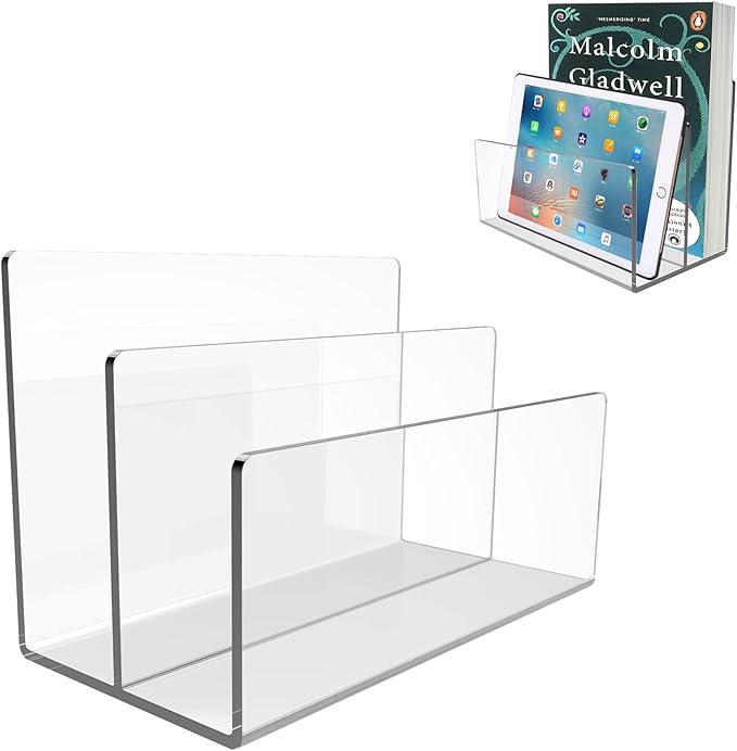 Boloyo Acrylic File Holder,1PC 2 Sections Clear File Organizer Mail Letter Sorter Desktop Folder Holder for Home Office School Envelope Bill Filling Paper Document